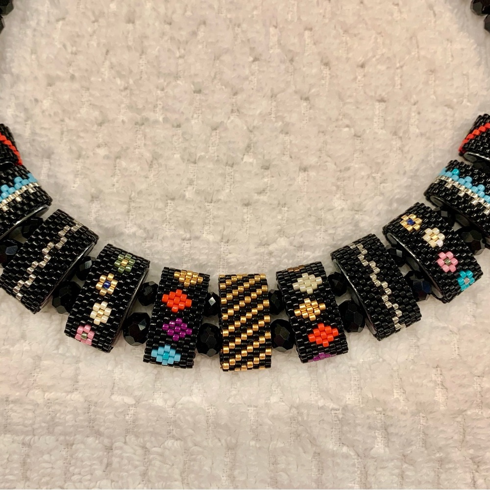 Black and Orange Geometric Beaded Necklace
